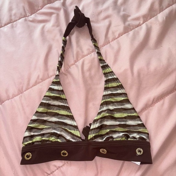 Y2K Brown Green Striped Halter Bikini Top – Retro Swimwear (Size 16) - Picture 4 of 4